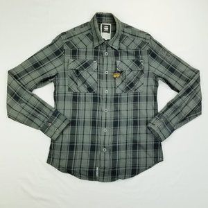 G-Star Originals RAW Denim Olive Green Black Plaid Logo Tag Snap Zipper Closure